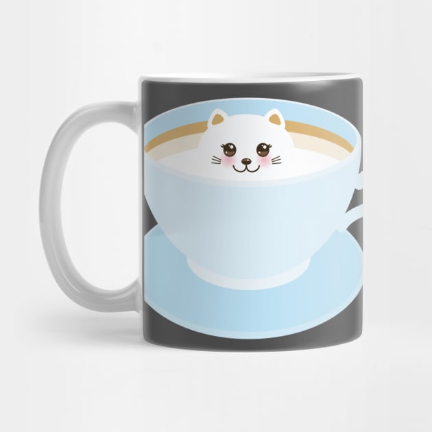 Cute Kawaii cat in blue cup of froth art coffee by EkaterinaP